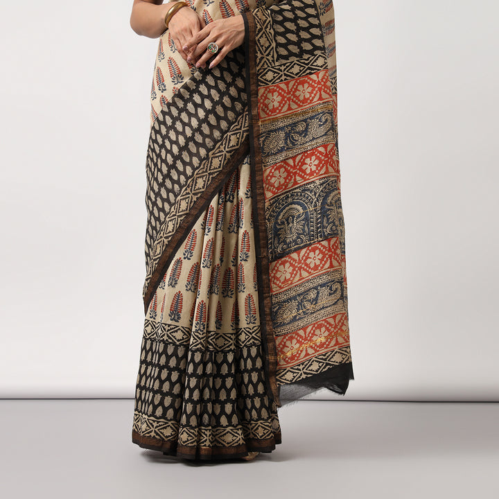 Ivory Embrace - Hand Block Print Chanderi Silk Saree