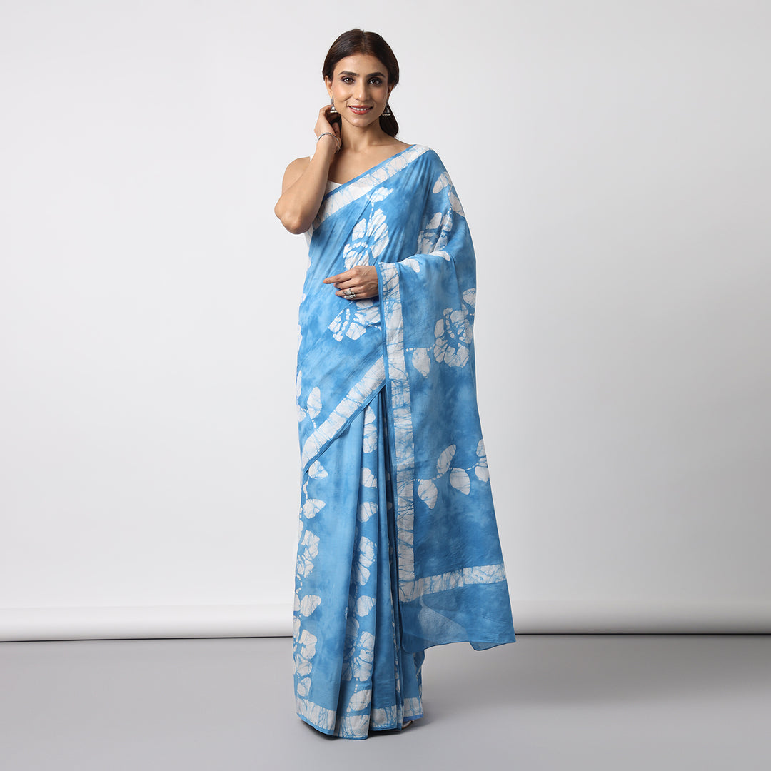 Khwaab Hand Block Print Blue Mul Mul Cotton Saree