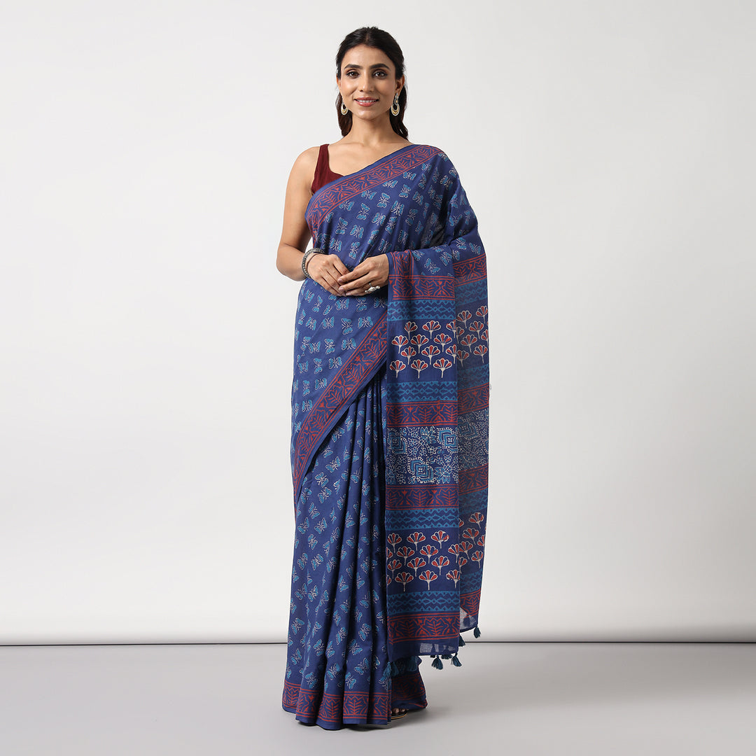 Butterflies - Hand Block Print Mulmul Cotton Bagru Saree