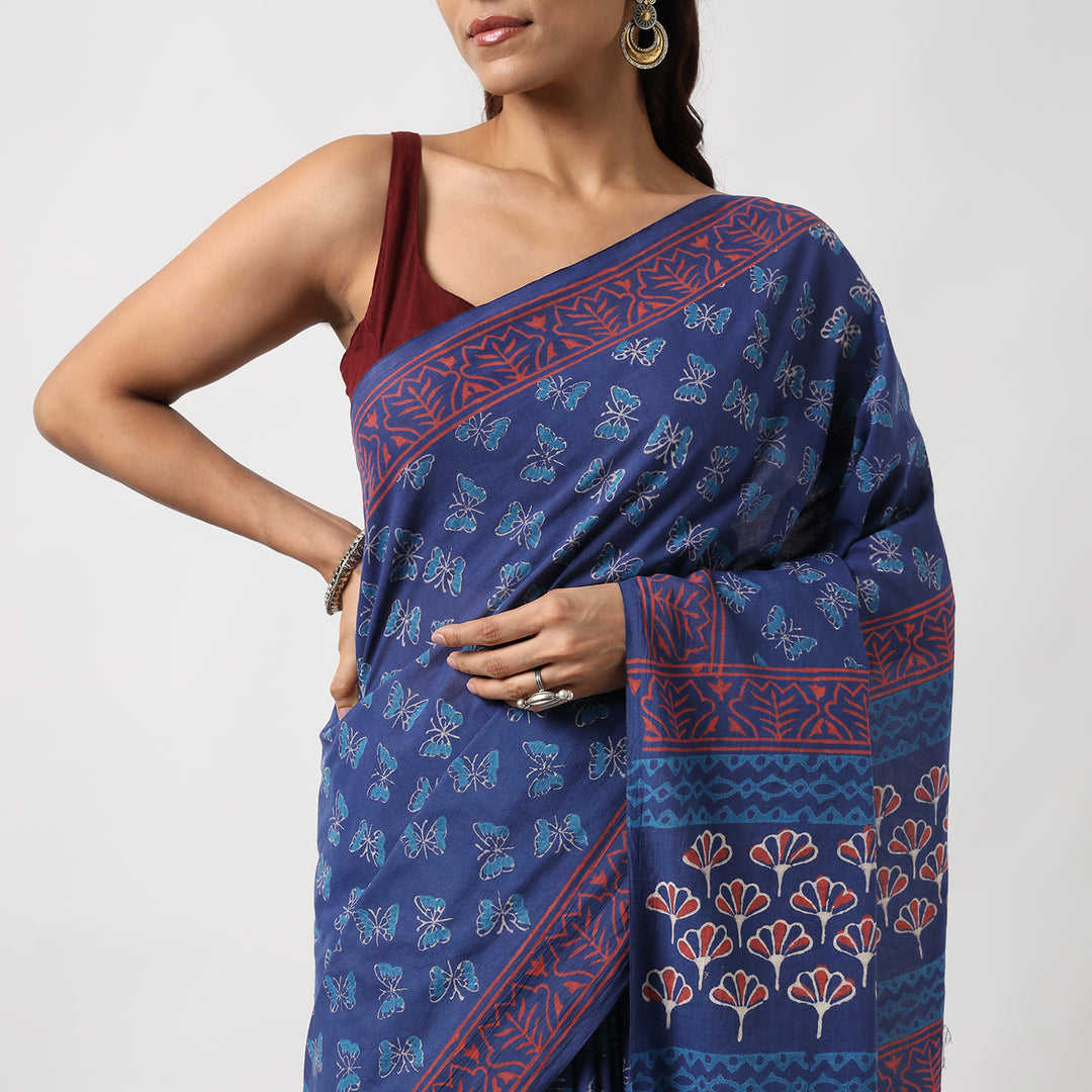 Butterflies - Hand Block Print Mulmul Cotton Bagru Saree