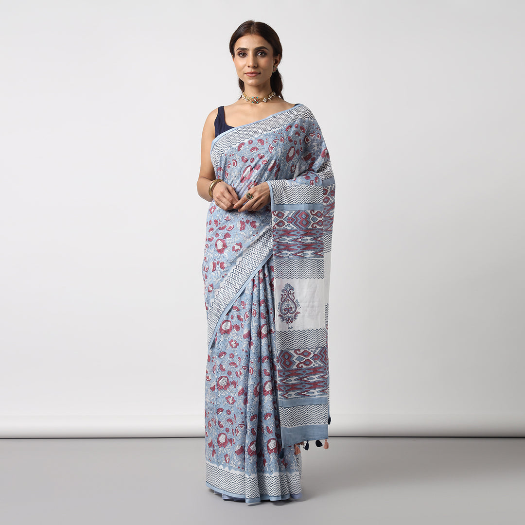 Whimsical Blue - Hand Block Print Mulmul Cotton Bagru Saree