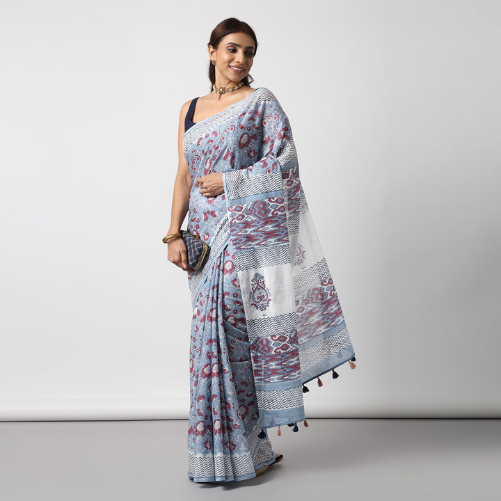 Whimsical Blue - Hand Block Print Mulmul Cotton Bagru Saree