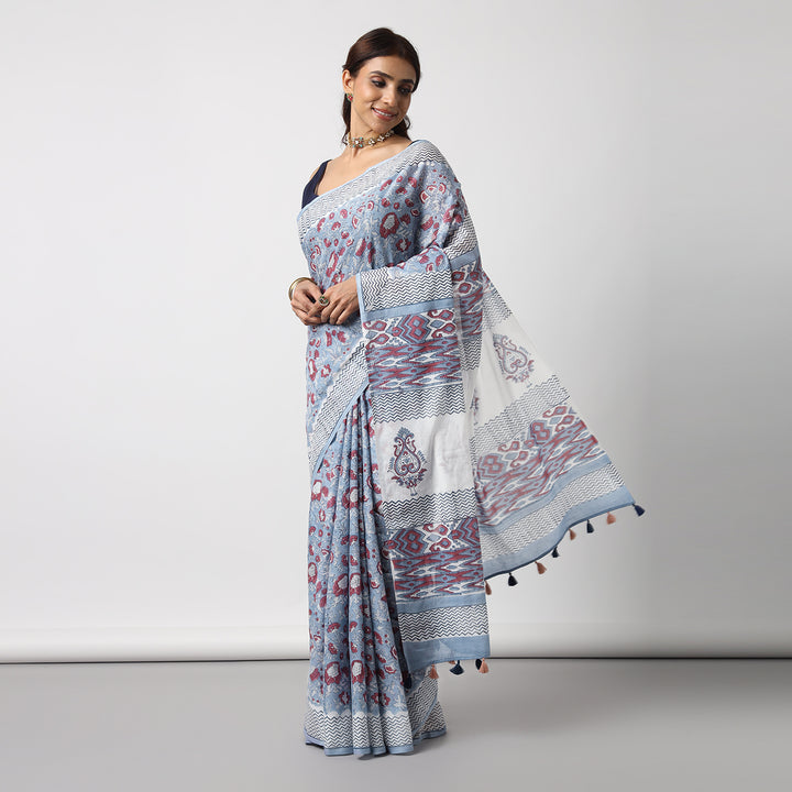 Whimsical Blue - Hand Block Print Mulmul Cotton Bagru Saree