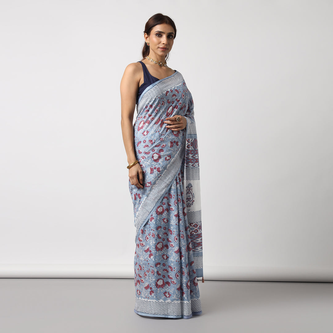 Whimsical Blue - Hand Block Print Mulmul Cotton Bagru Saree