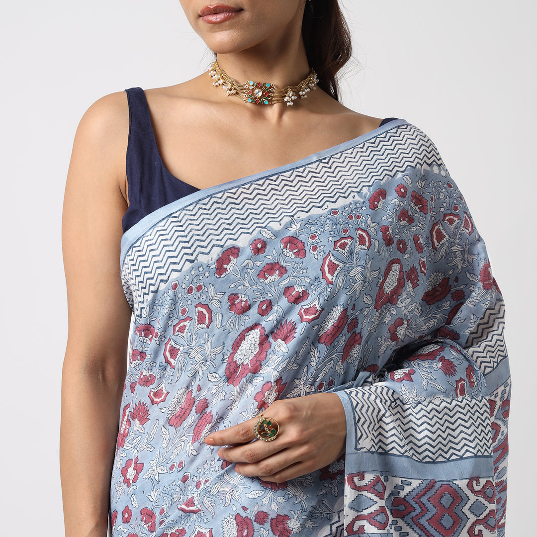 Whimsical Blue - Hand Block Print Mulmul Cotton Bagru Saree