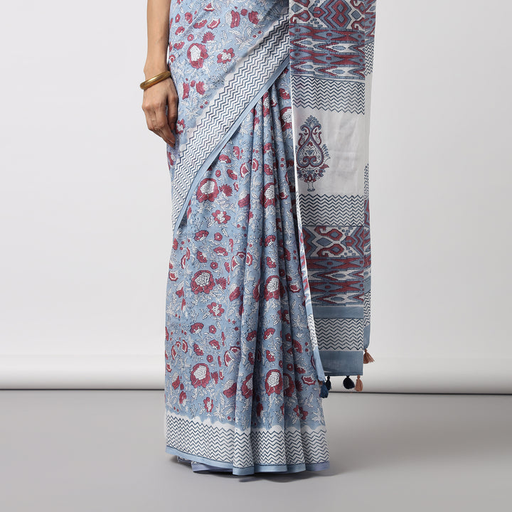 Whimsical Blue - Hand Block Print Mulmul Cotton Bagru Saree