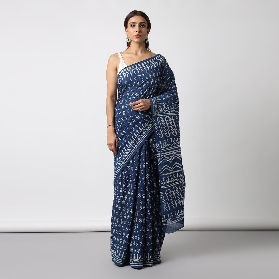 Indigo Florals - Dabu Hand Block Print Mulmul Cotton Bagru Saree