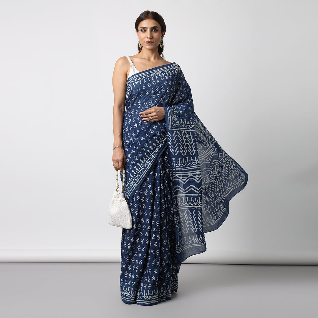 Indigo Florals - Dabu Hand Block Print Mulmul Cotton Bagru Saree