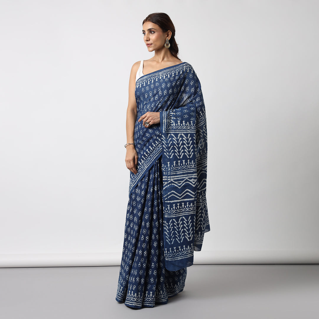 Indigo Florals - Dabu Hand Block Print Mulmul Cotton Bagru Saree