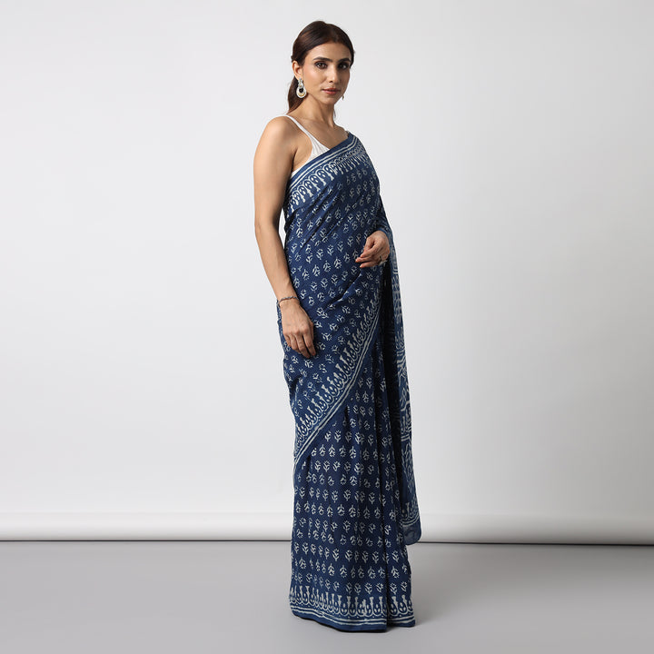 Indigo Florals - Dabu Hand Block Print Mulmul Cotton Bagru Saree