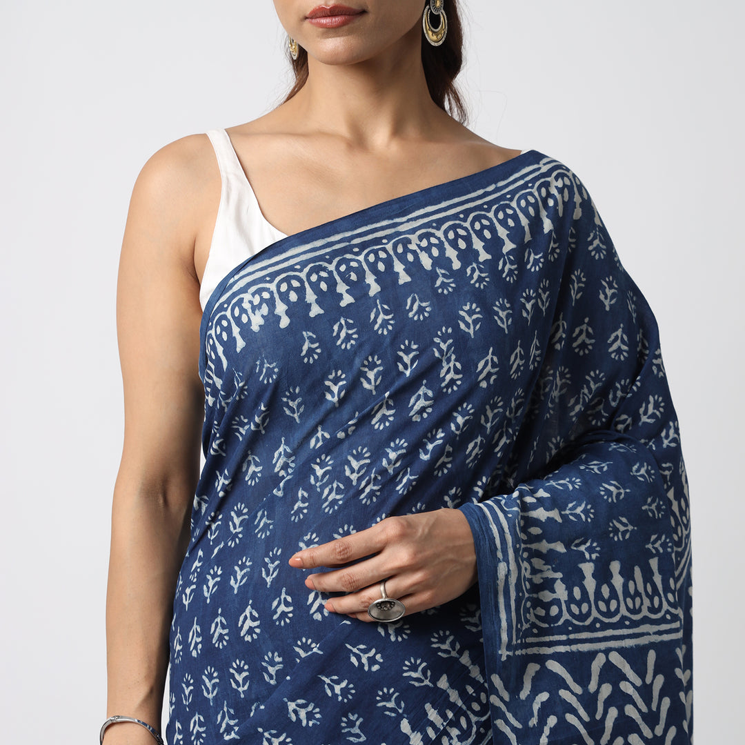 Indigo Florals - Dabu Hand Block Print Mulmul Cotton Bagru Saree