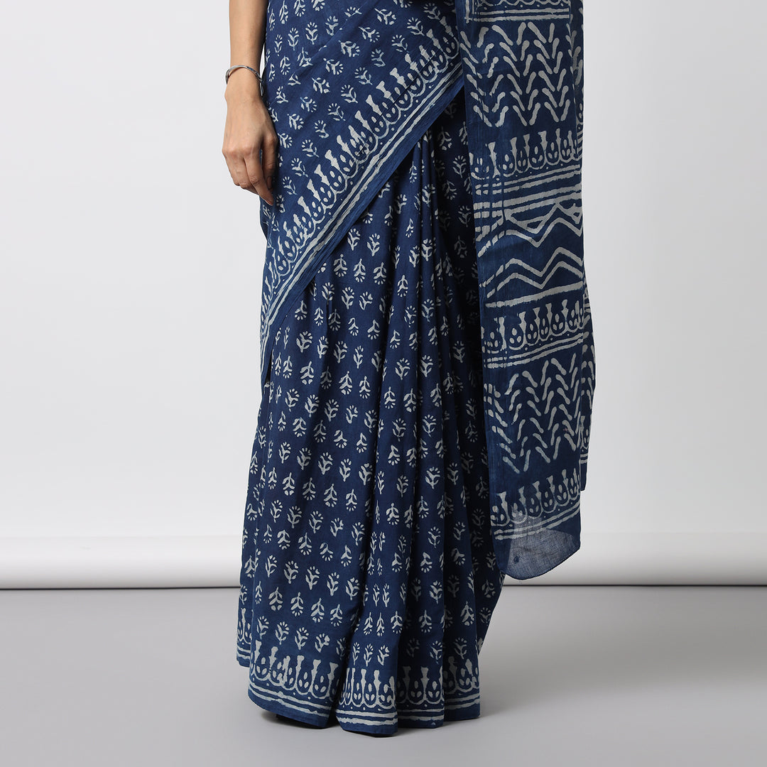 Indigo Florals - Dabu Hand Block Print Mulmul Cotton Bagru Saree