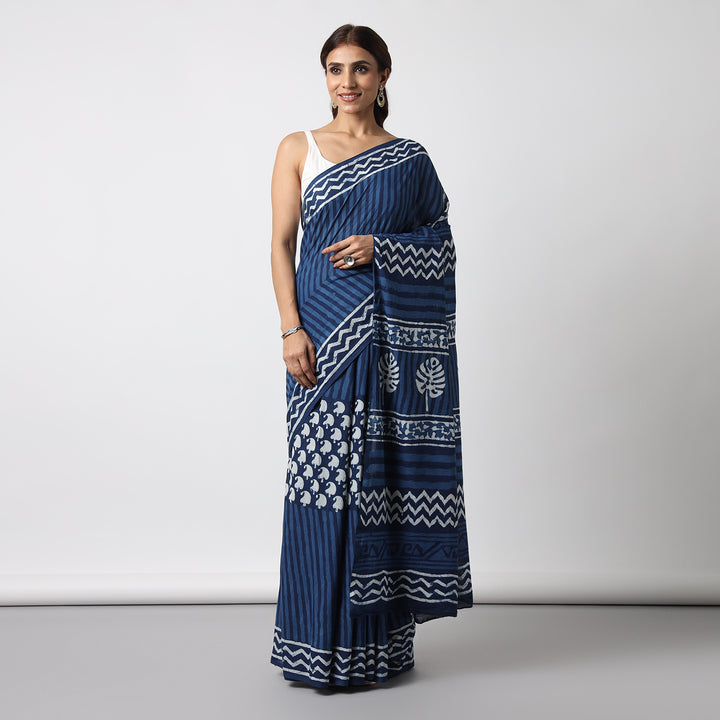 Time Flies - Hand Block Print Mulmul Cotton Bagru Saree