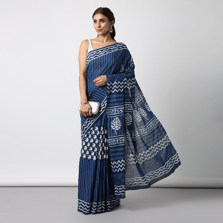 Time Flies - Hand Block Print Mulmul Cotton Bagru Saree