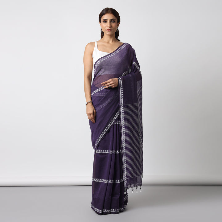 Dark Purple Handwoven Mulmul Cotton Saree