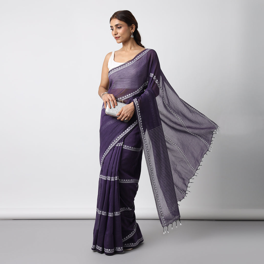 Dark Purple Handwoven Mulmul Cotton Saree