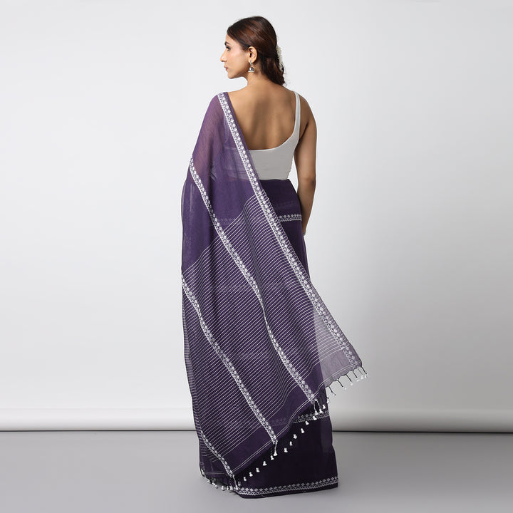 Dark Purple Handwoven Mulmul Cotton Saree