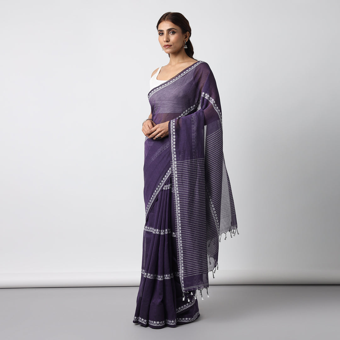 Dark Purple Handwoven Mulmul Cotton Saree