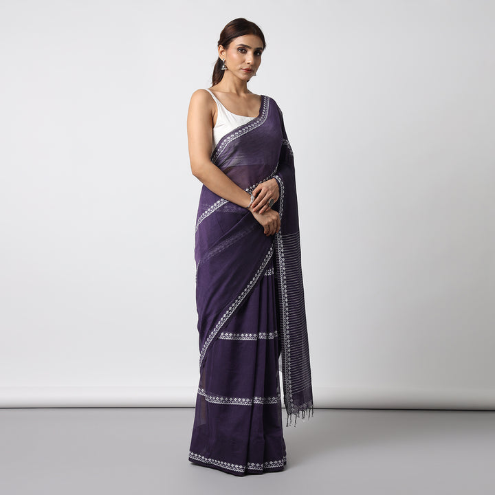 Dark Purple Handwoven Mulmul Cotton Saree