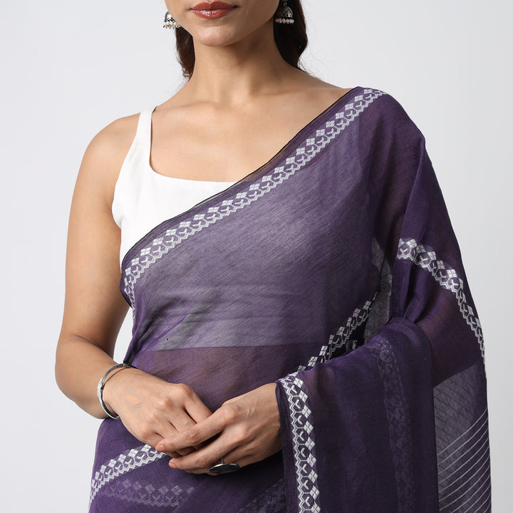 Dark Purple Handwoven Mulmul Cotton Saree