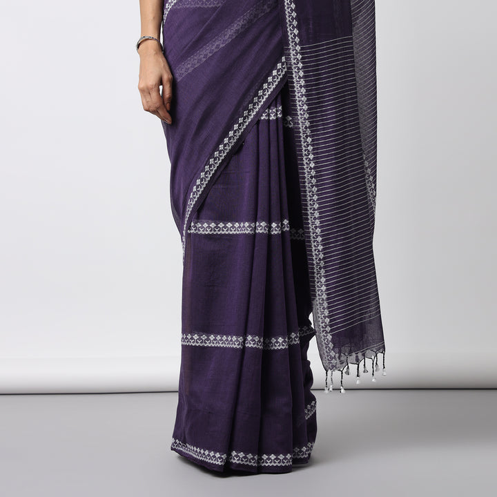 Dark Purple Handwoven Mulmul Cotton Saree