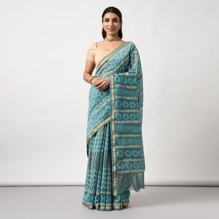 Urmika - Aqua & Grey Hand Block Print Chanderi Silk Saree