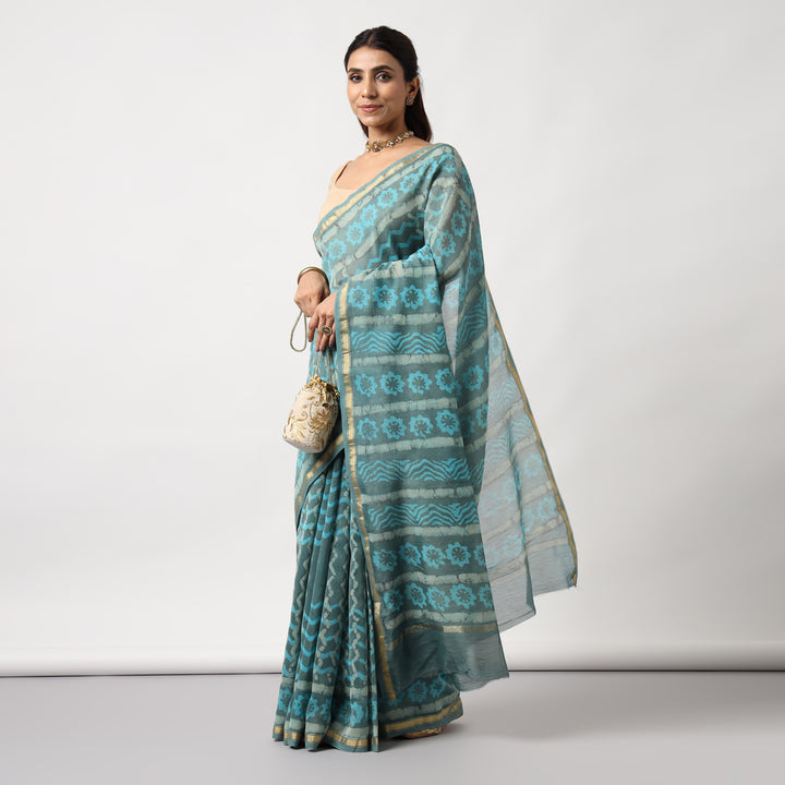 Urmika - Aqua & Grey Hand Block Print Chanderi Silk Saree