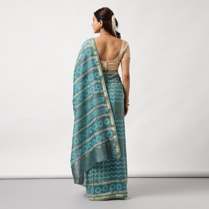 Urmika - Aqua & Grey Hand Block Print Chanderi Silk Saree