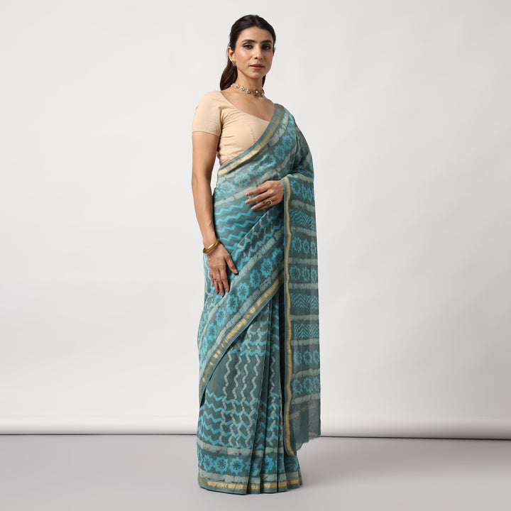 Urmika - Aqua & Grey Hand Block Print Chanderi Silk Saree