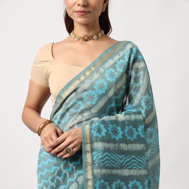 Urmika - Aqua & Grey Hand Block Print Chanderi Silk Saree