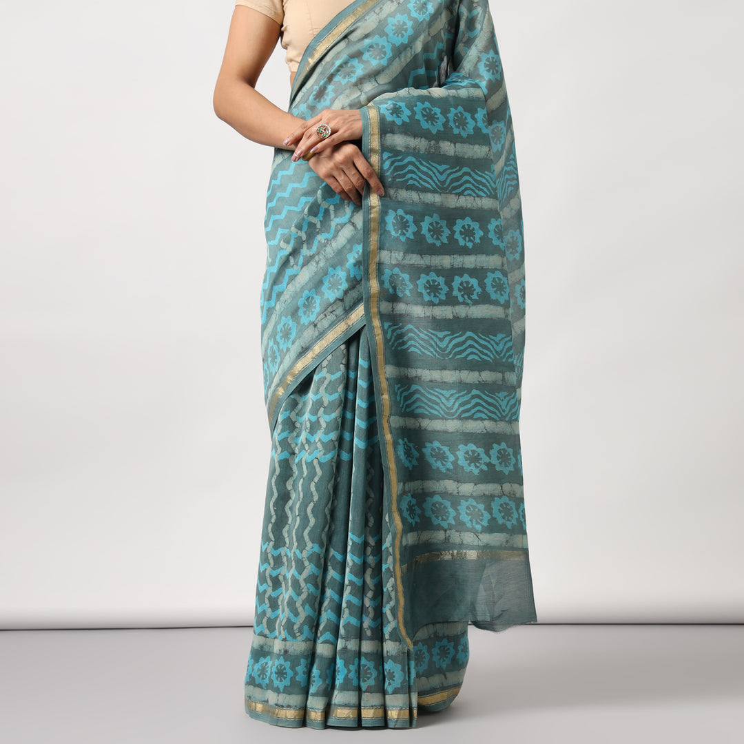 Urmika - Aqua & Grey Hand Block Print Chanderi Silk Saree