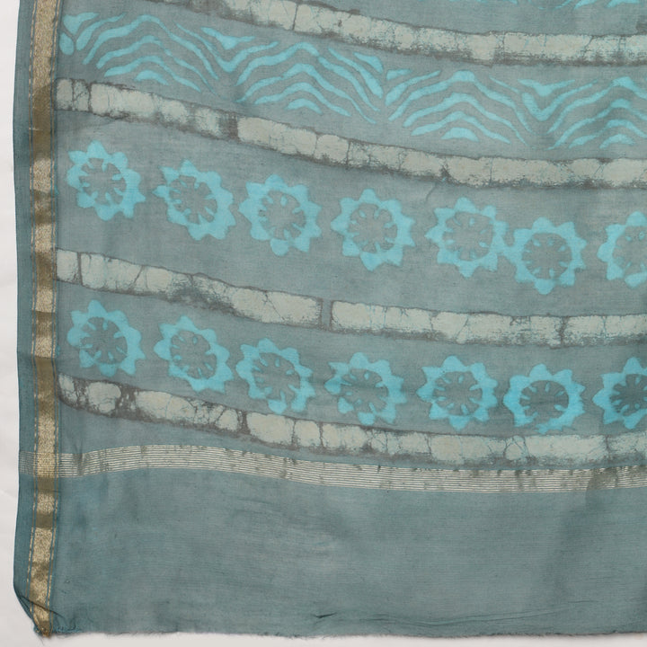 Urmika - Aqua & Grey Hand Block Print Chanderi Silk Saree