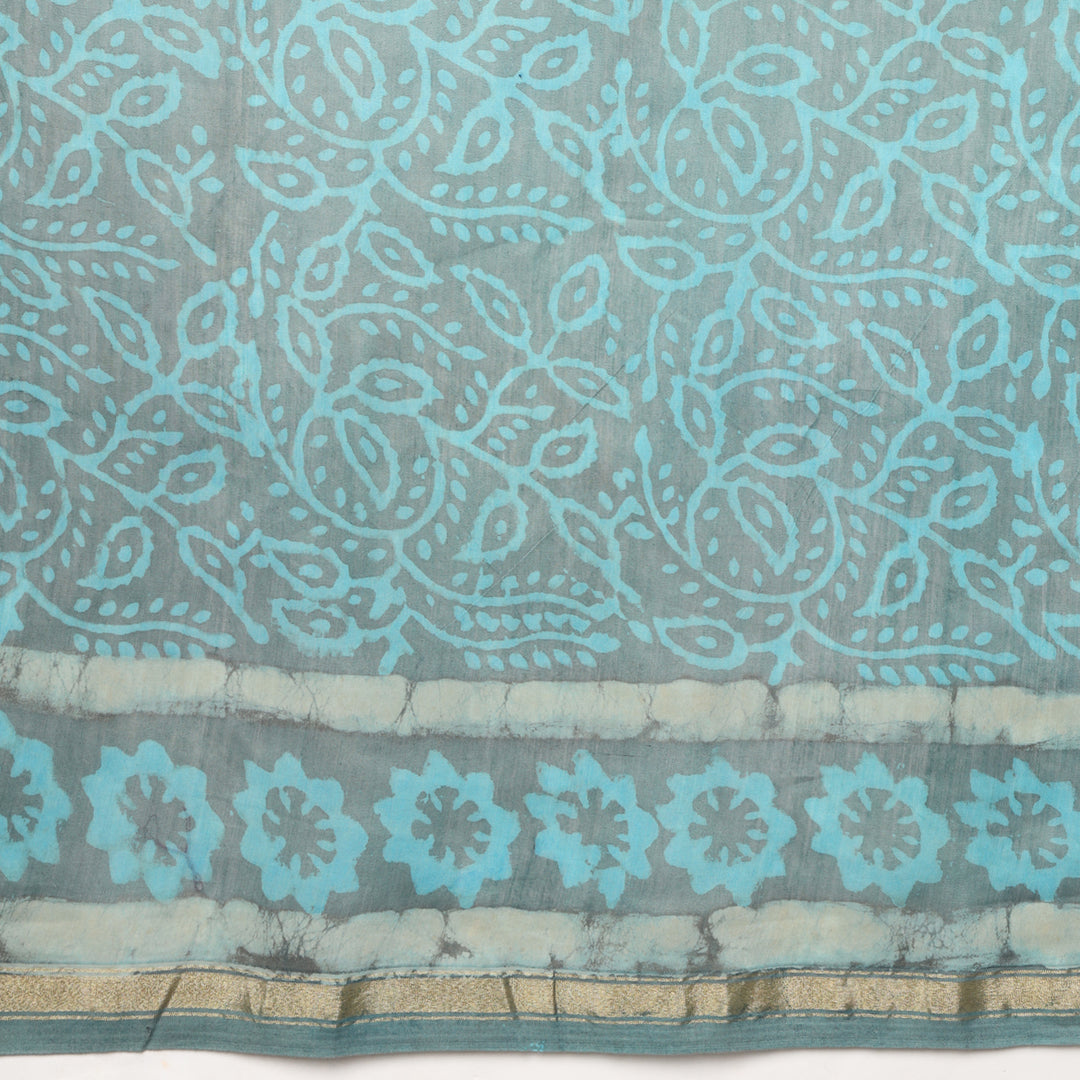 Urmika - Aqua & Grey Hand Block Print Chanderi Silk Saree