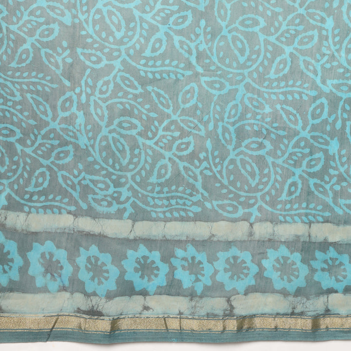 Urmika - Aqua & Grey Hand Block Print Chanderi Silk Saree