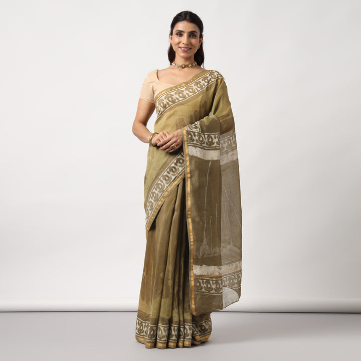 Shailja - Henna Hand Block Print Chanderi Silk Saree