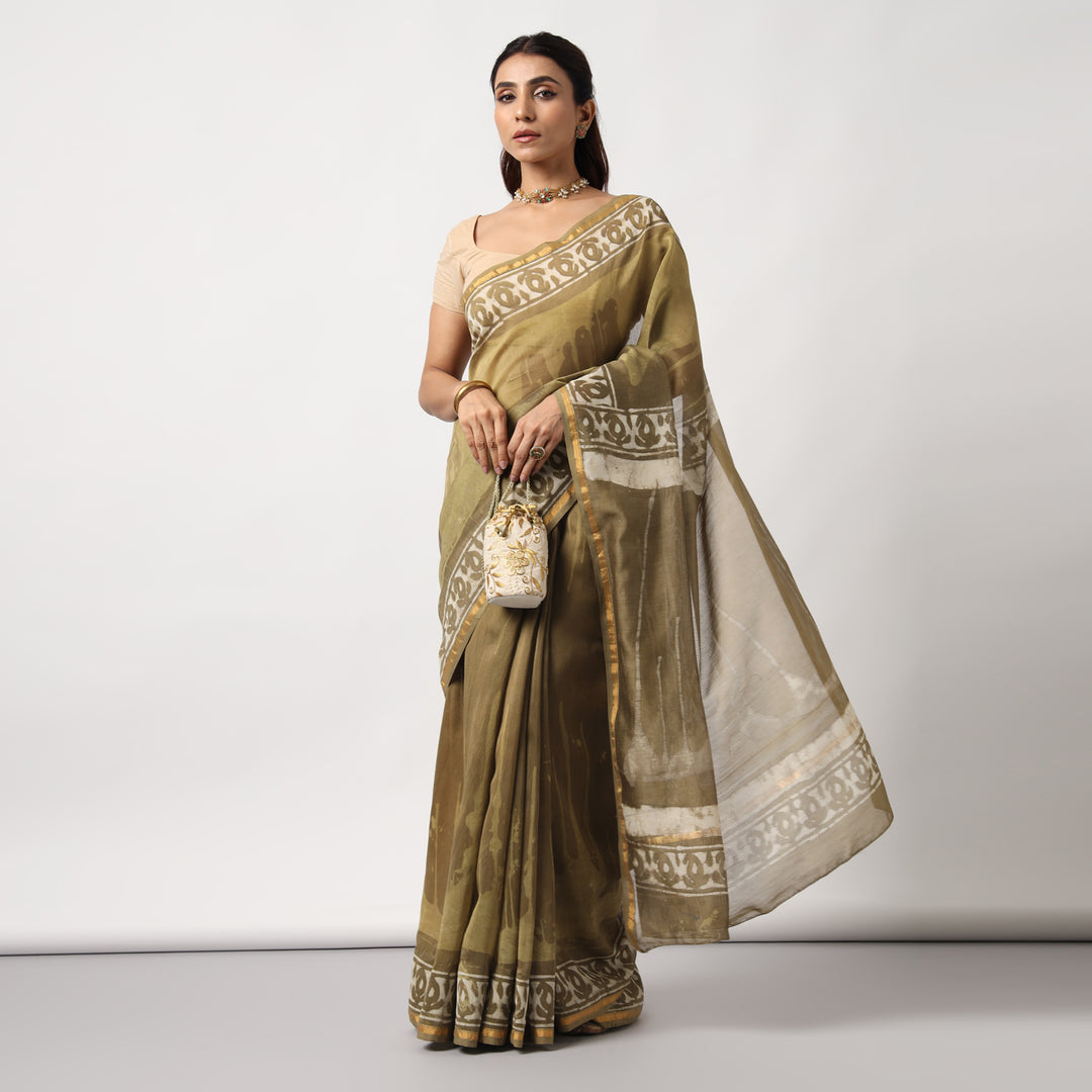 Shailja - Henna Hand Block Print Chanderi Silk Saree