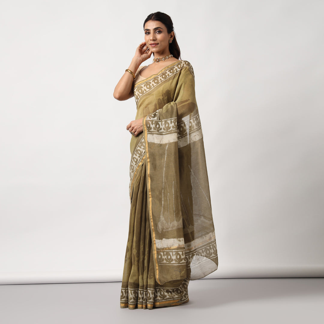 Shailja - Henna Hand Block Print Chanderi Silk Saree