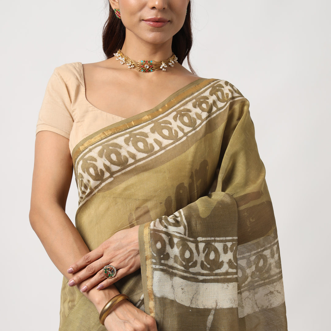 Shailja - Henna Hand Block Print Chanderi Silk Saree