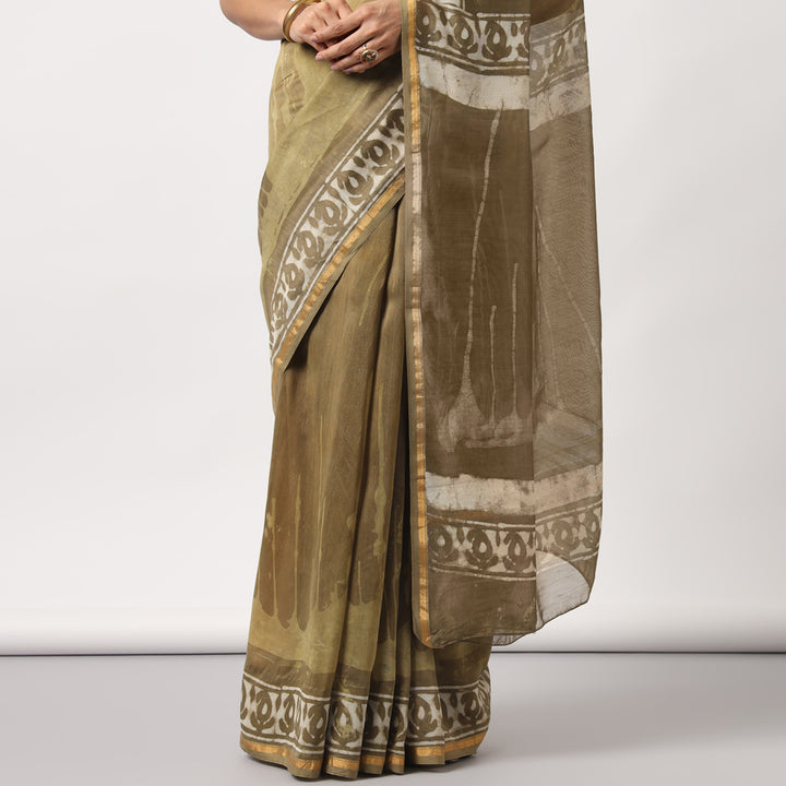 Shailja - Henna Hand Block Print Chanderi Silk Saree