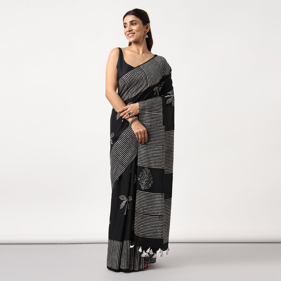 Black Dragonflies - Hand Block Print Mulmul Cotton Bagru Saree