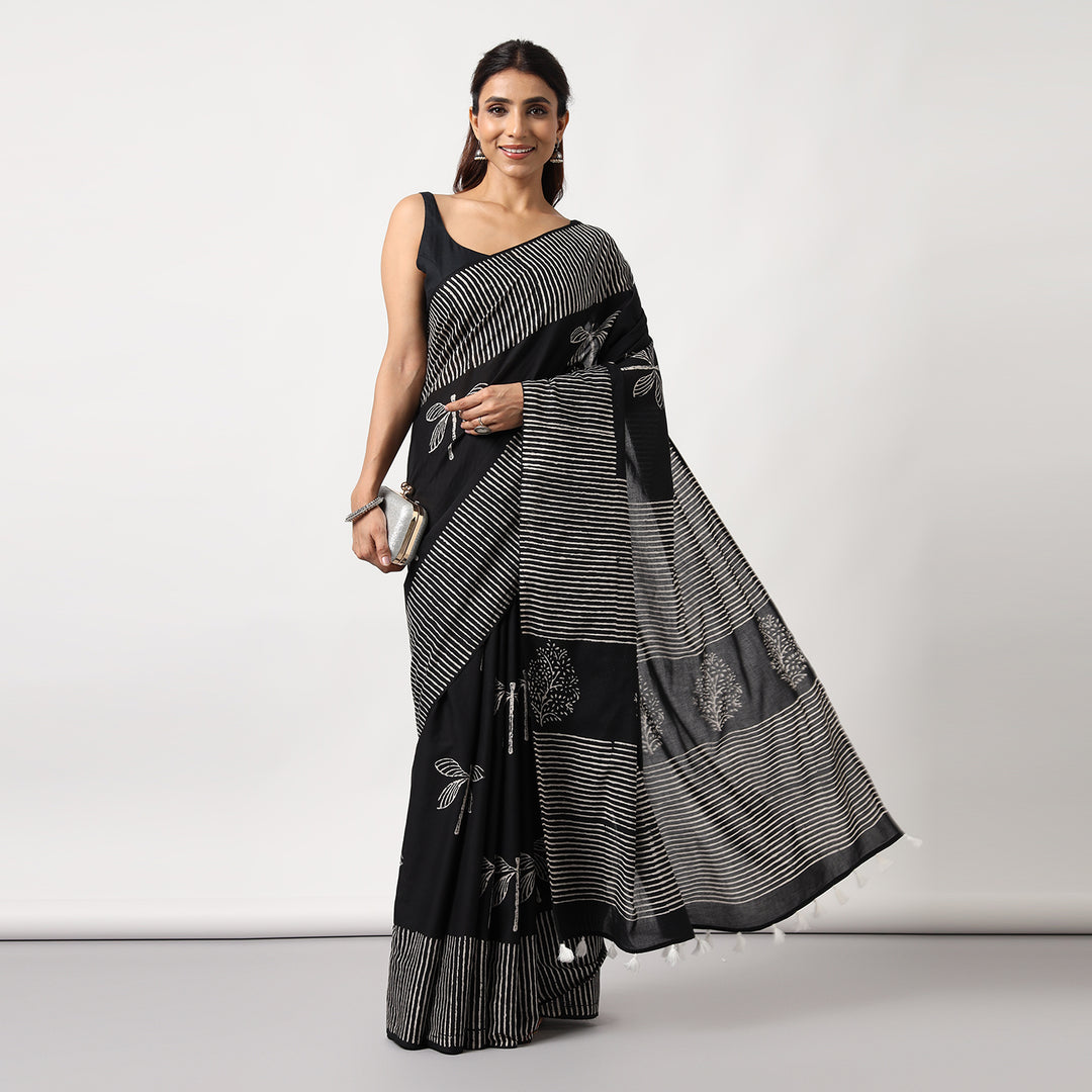 Black Dragonflies - Hand Block Print Mulmul Cotton Bagru Saree