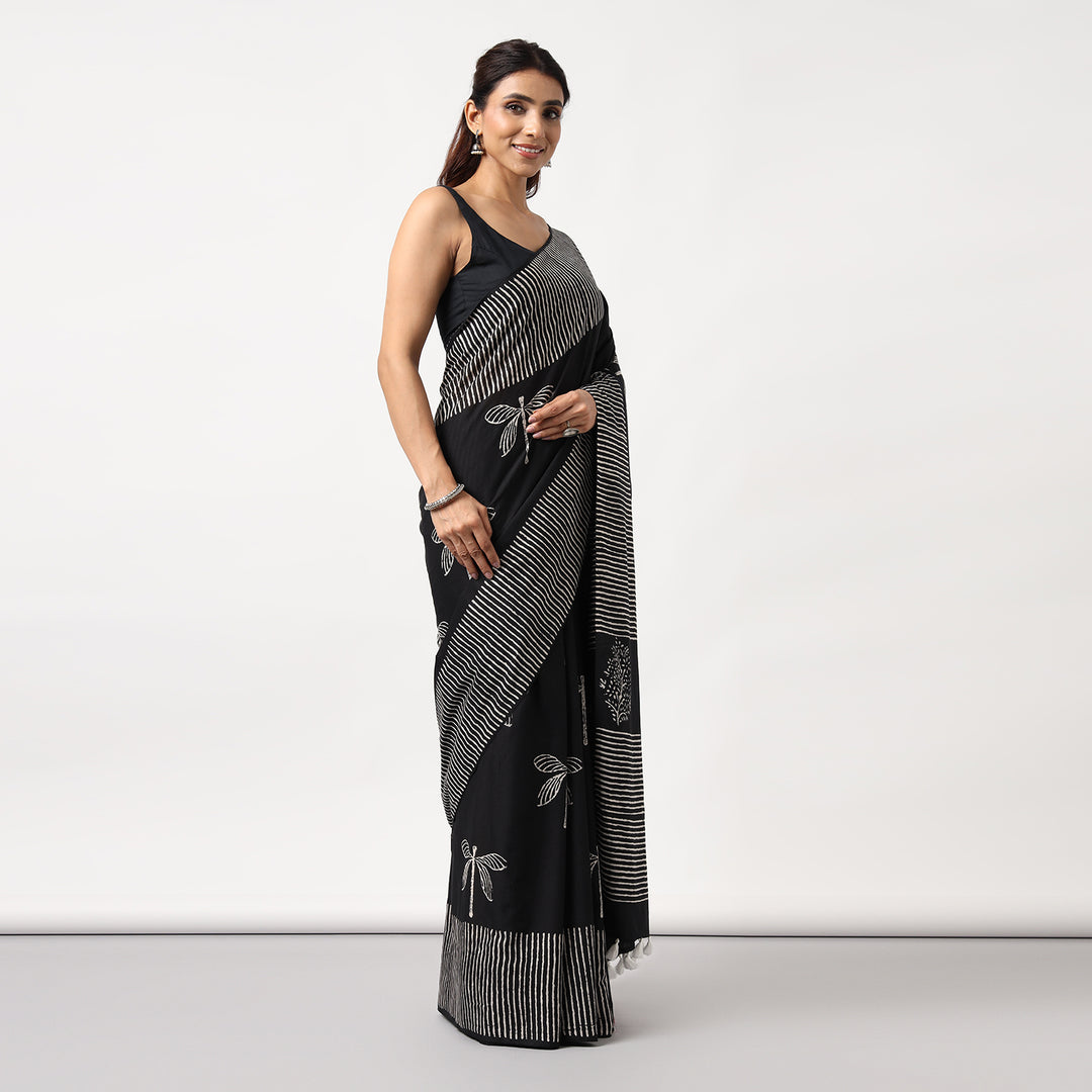 Black Dragonflies - Hand Block Print Mulmul Cotton Bagru Saree