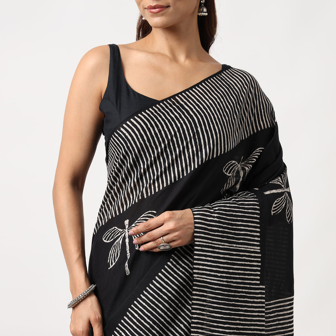 Black Dragonflies - Hand Block Print Mulmul Cotton Bagru Saree