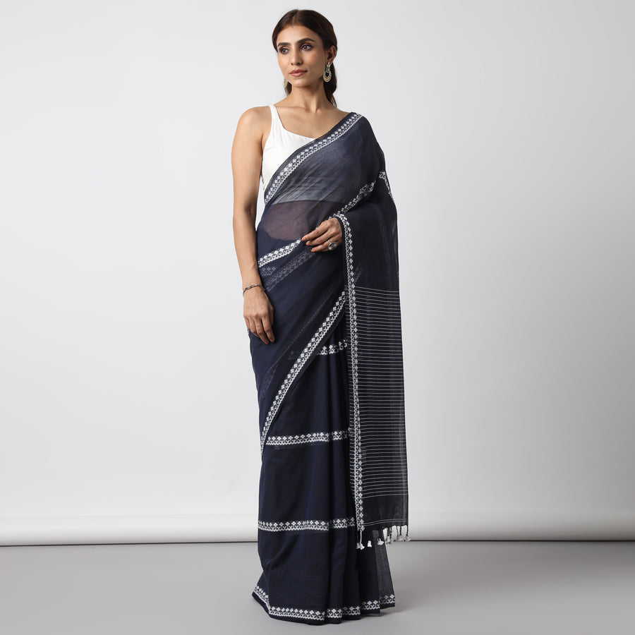 Dark Blue Handwoven Mulmul Cotton Saree