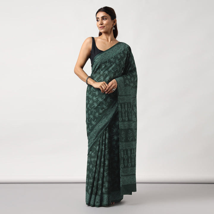 Dandelions in the Sky - Green Hand Block Print Mulmul Cotton Bagru Saree