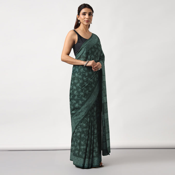 Dandelions in the Sky - Green Hand Block Print Mulmul Cotton Bagru Saree