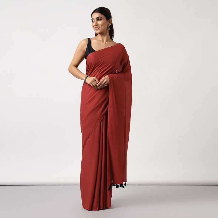 Midnight Rose - Dark Red Mulmul Cotton Saree with Tassels