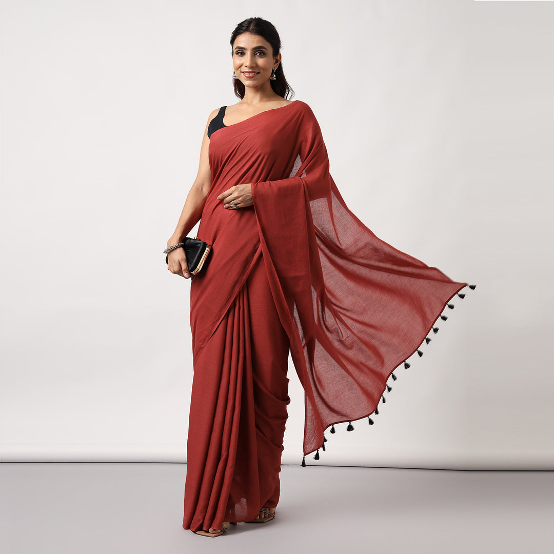 Midnight Rose - Dark Red Mulmul Cotton Saree with Tassels