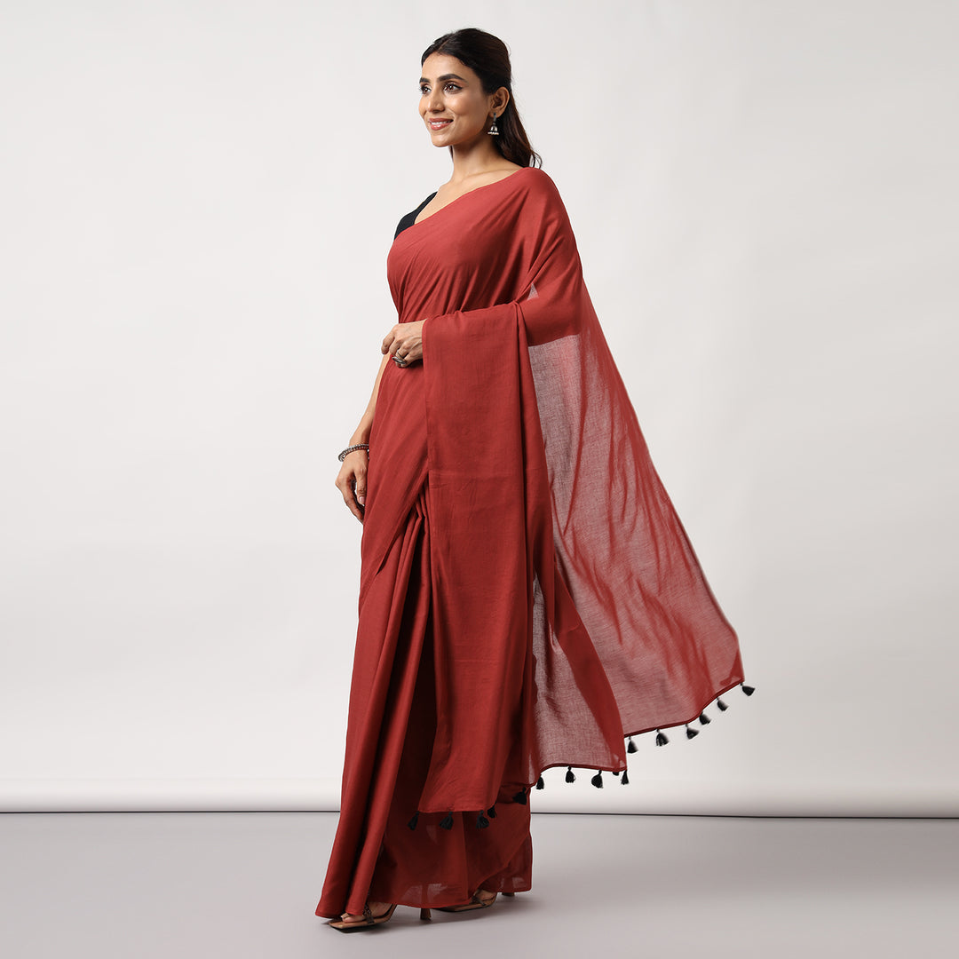 Midnight Rose - Dark Red Mulmul Cotton Saree with Tassels