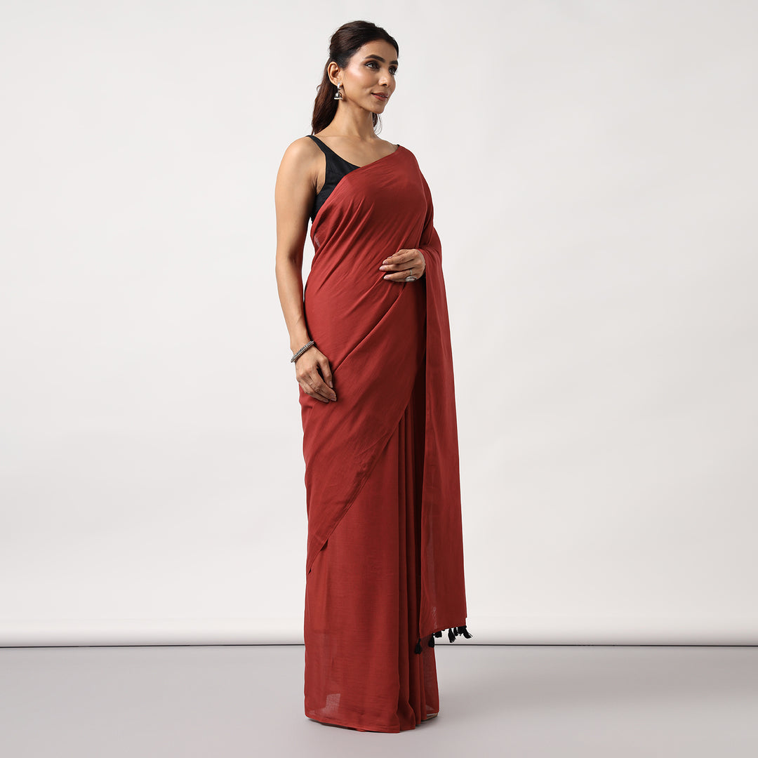 Midnight Rose - Dark Red Mulmul Cotton Saree with Tassels